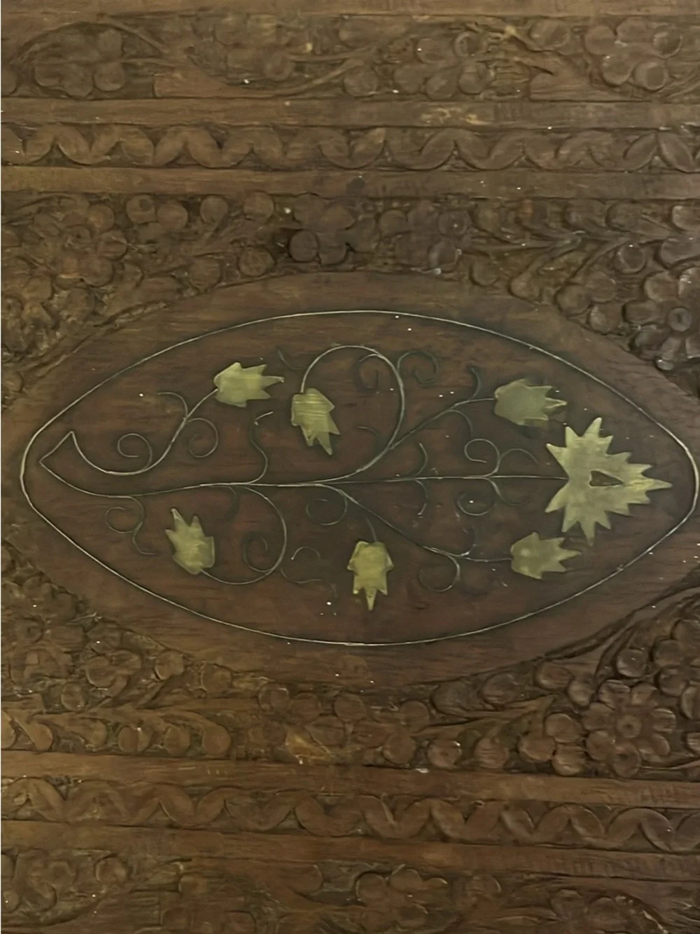 Carved Wooden Vanity Tray in Brown with Inlaid Leaf Motif